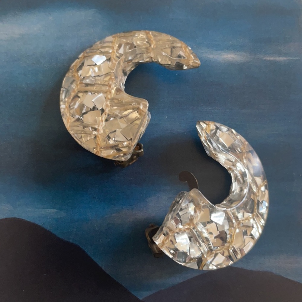 Vintage 3D Metallic Plexiglass Crescent Clip Earrings